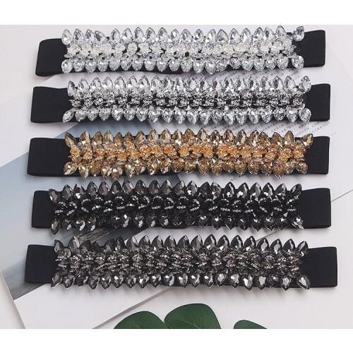 European Design Glass Rhinestone Waist Belts Women Grey White Crystal Gems Elastic Waist Band Wedding Bride Belts Strap Sashes