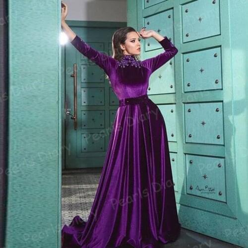Purple Muslim Velvet High Neck Party Night Gowns Celebrity Dress Long Sleeve Appliques Prom Evening Dresses Dubai Arabic 2021
