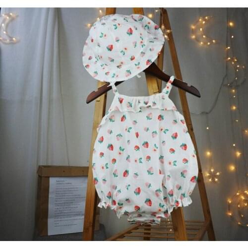 New female baby summer baby onesies cartoon printed small strawberries newborn clothes childrens clothing romper hat set