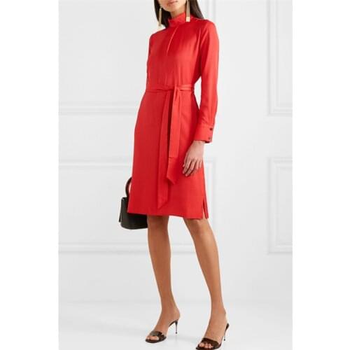 Red Chiffon Dress 2020 Long Sleeve Commute OL Spring Dress Pleated Stand Collar Full Sleeve High Quality Women Dresses With Belt