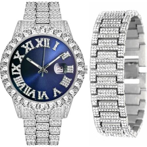 Iced Out Chains Bracelet Watch for Men Iced Out Watch Jewelry Set Men Hip Hop Gold Diamond Luxury Mens Watch Religio Masculino