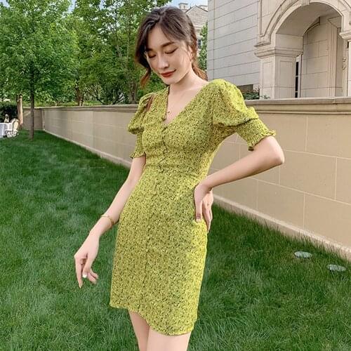 Sweet Mini Green Dress Women High Waist Vintage Puff Sleeve V Neck Mini Summer Dress 2021 A-line Button Up Streetwear