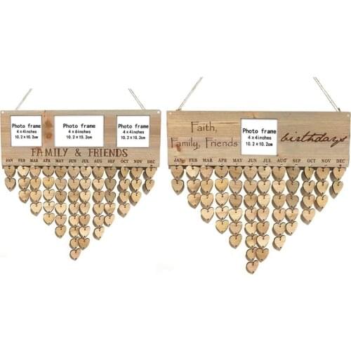 Family Birthday Reminder Calendar Wooden Board Love-shape Photo Frame Wall Hanging Birthday Tracker Plaque for Family Decoration
