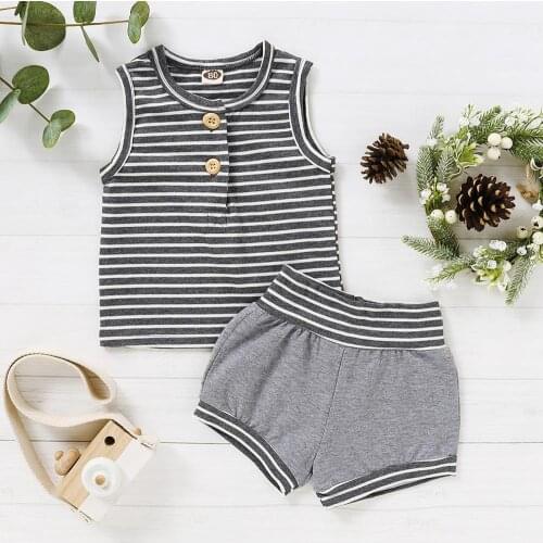 0-24M Infant Clothing For Baby Boys Clothes Summer Newborn Baby Boys Striped Sleeveless Button T-shirt+Shorts Sport Outfits Suit