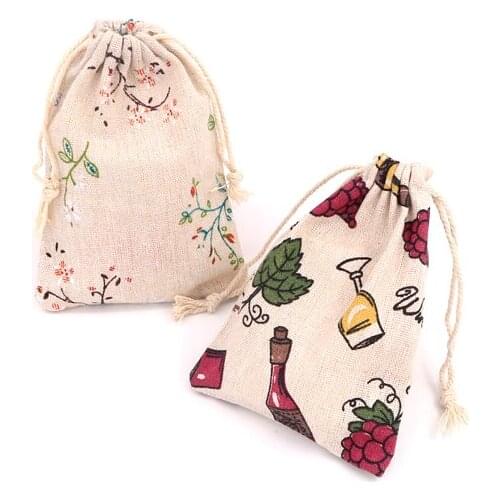 Wholesale 50Pcs/Lot Multi Design Cotton Bags 10x14cm Party Favor Linen Drawstring Gift Bag Muslin Jewelry Candy Packaging Bags