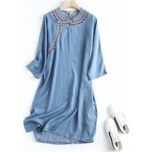 Spring Embroidery Denim Dress Women O Neck Long Sleeve Loose Jeans Dress Cheongsam Summer Work Office Dress Vestido Cotton