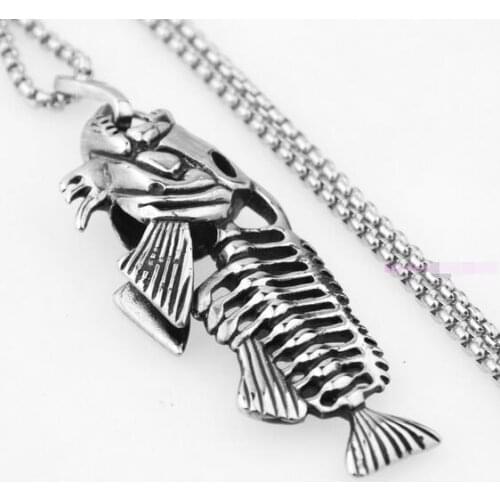 XMAS Gifts for Mens Biker Hollow Fish Bone Pendant Stainless Steel Box Necklace 18-32'' Chain