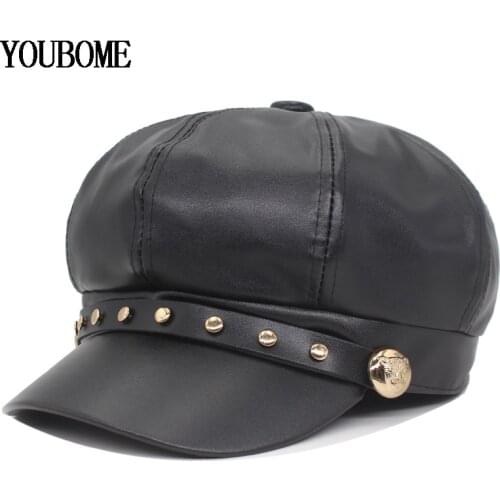 YOUBOME Brand Octagonal Hats PU Leather Womens Hat for Men Newsboy Cap Fashion Octagonal Cap Female Visor Girls gorros New Hats
