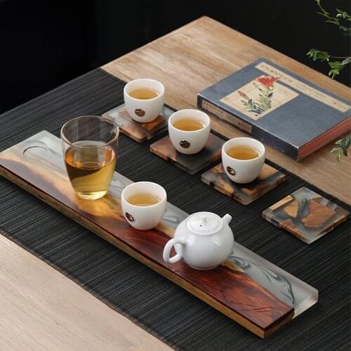 Heat Insulation Handmade Wood Resin Tea Tray For Teacup Teapot Chinese Retro Non-slip Tea Board For Home Hotel Office Teahouse