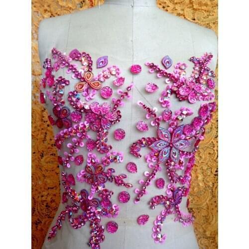 ZBROH Handmade pink crystal patches sew on Rhinestones applique with stones sequins beads 31*27cm for dress