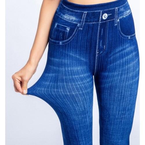 High Waist Faux Denim Women Leggings Slim Elastic Seamless Skinny Pencil Pant Women Workout Running Leggings