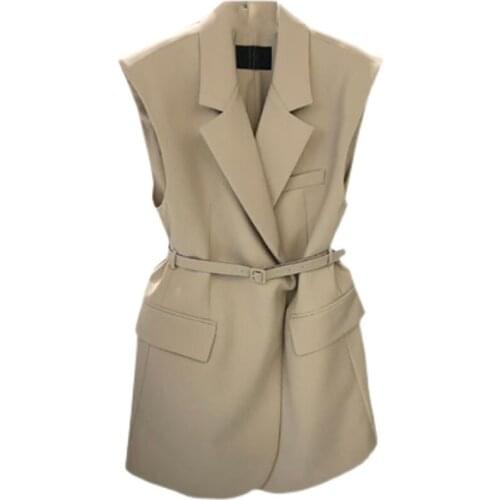 2021 Autumn New Blazers Vests Elegant Notched Collar Sleeveless Woman Blazer Vest Fashion Belt Slim Waist Jacket