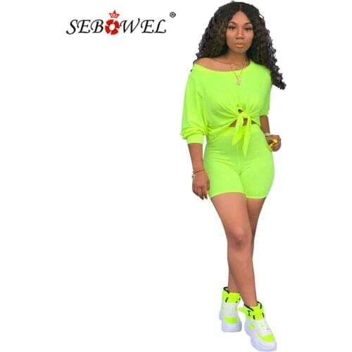 SEBOWEL Fluorescent Color Womans Summer Casual Sets Half Sleeve Off the Shoulder Tie Up Crop Top + Shorts Female Clothes