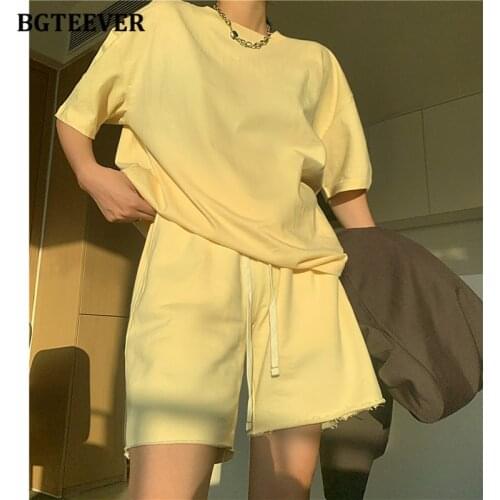 BGTEEVER Casual Women 2 Pieces Set O-neck Short Sleeve T-shirts & Elastic Waist Lace-up Shorts 2021 Summer Female Tracksuits