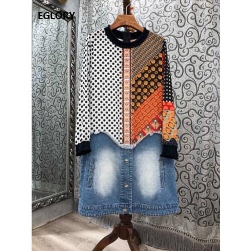 2020 Autumn Fashion Style Dress High Quality Women Polka Dot Print Denim Patchwork Long Sleeve Party Casual Dress Clothings Lady