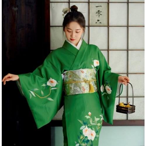 2021 SELLWORLDER Japanese Kimono Style yukata retro Girl Grass Green dress Woman floral print Long Dress with handbag