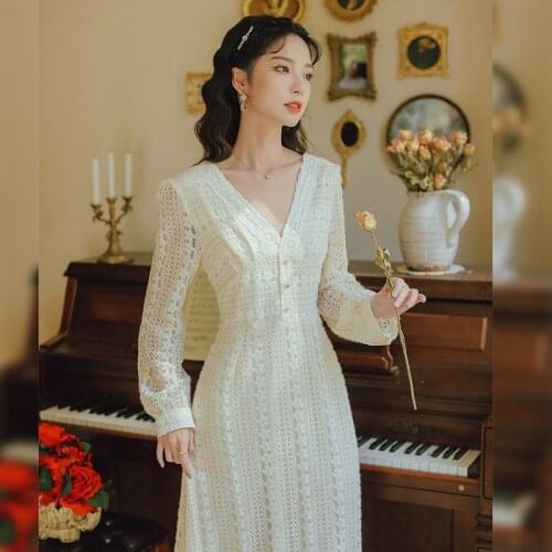Korean Fashion Women Hook Flower Hollowed A-line High-waisted Long-sleeve Large V-collar French Ladys Retro Midi Dress Vestidos