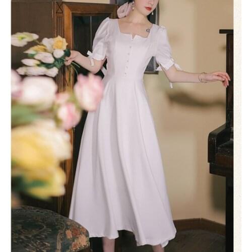 Summer 2021 Puff Sleeve Chic Bowknot Square Neck White Dresses Retro Elegant Ladies Fashion Bridesmaid Dress Vestidos de fiesta
