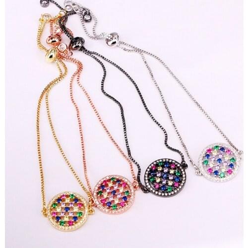 6PCS, Rainbow Slider Link Chain Lady Girl Bracelets Micro Pave CZ Colorful Zirconia Charm Round Bracelets