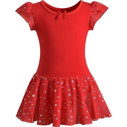 Girls Ruffle Sleeve Ballet Dance Dress Glitter Tutu Skirted Leotard