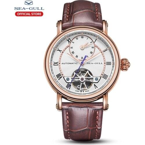 Seagull Mens Automatic Mechanical Watch Dual Time Zone Leather Strap Waterproof Watch Business Sapphire Casual WatchMens Watch