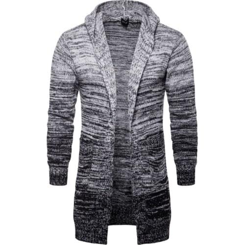 Europe and America Cardigan Sweatercoat Men Autumn Long Hooded Knitted Sweater New Design Gradient Gray Street Knitwear Male