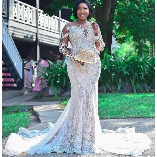 GY African Plus Size Wedding Dresses Backless Bridal Dresses Long Sleeves Lace Mermaid Wedding Gown Sheer Neck robe de mariee