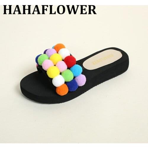 HAHAFLOWER New 2017 Women New Summer Casual Small Fur Ball Slippers Female Flat Heel Indoor Shoes Casual Beach Slippers Hot sale