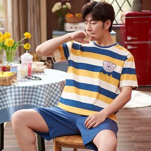 Trendy Color Striped Men Pajamas Set Summer O-neck Korean Fashion Short Sleeve Cartoon Sleepwear Plus Size Casual Men Homewear