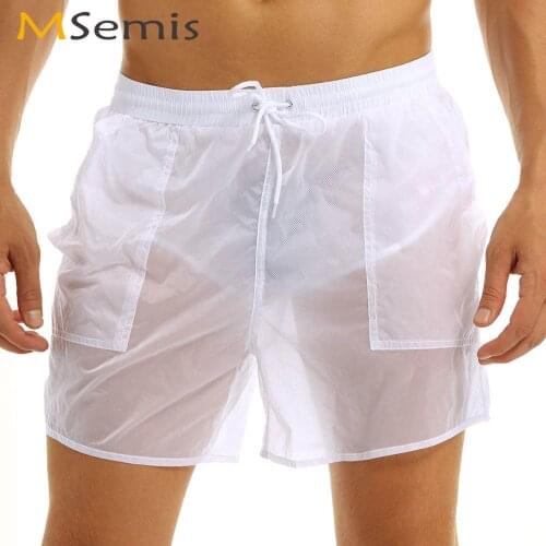 Mens Sexy Sheer See Through Mesh Trunks Elastic Waist Quick Dry Beach Boxer Shorts Summer Fashion Hot Panty with Bulit-in Briefs
