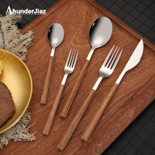 5Pcs Portable Flatware Set Stainless Steel Western Cutlery Set Knife Fork Spoon Imitation Wood Handle Dinnerware Kitchen Gadget
