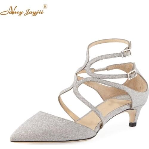 Fine Glitter Leather Pump Woman Ankle Strap Pumps Low High Thin Heels 35cm Point Toe Party Dress Ladies Bling Shoes Size 46