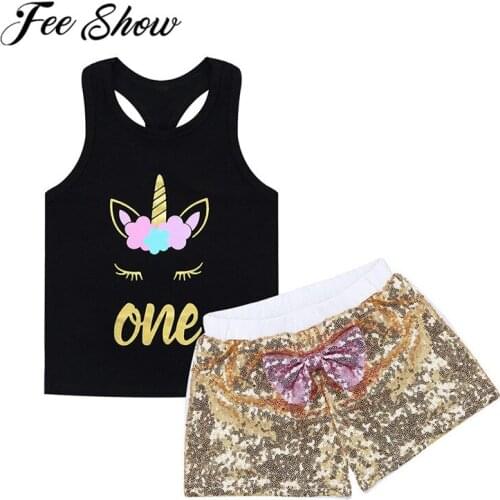 Newborn Baby Girls Infant Baby Kids First Birthday Outfit Sleeveless Cartoon Pattern Tops with Sequined Shorts Set For 9-24M