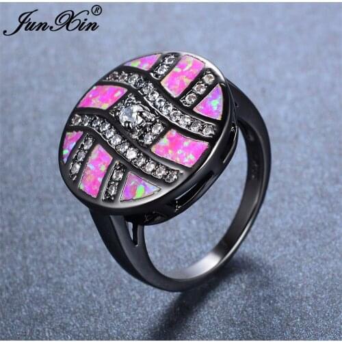 JUNXIN New Fashion Female Pink Round Ring With AAA Zircon Fire Opal Ring Black Gold Wedding Rings For Women Bague Femme
