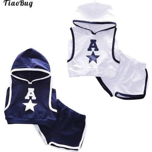 Casual Summer 2Pcs Toddle Boys Summer Suit Hooded Hoodie Sleeveless Star Letter Print Tops And Elastic Waistband Shorts Sets