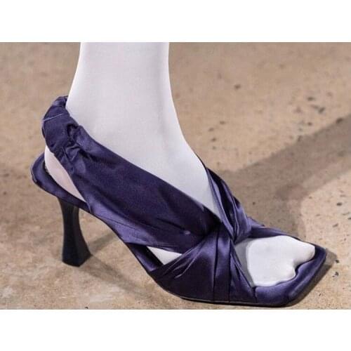 Drop Shipping Woman Black Purple Yellow Silk Cross Open Toe Sandals Female 8 cm High Heels Party Slingback Sandals Shoes