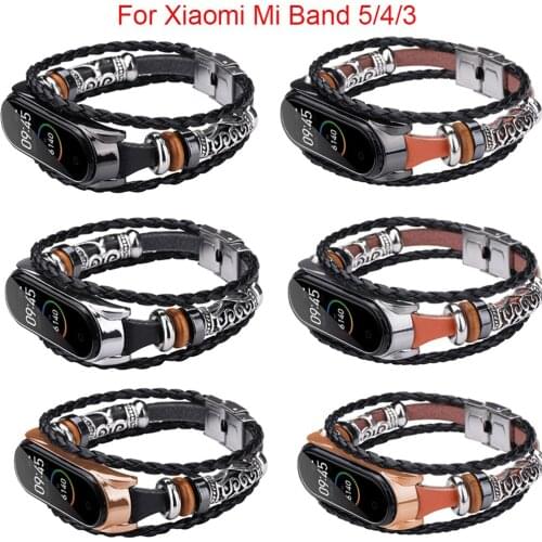 Leather Weave Straps For Xiaomi Mi Band 4 3 5 NFC Smart Bracelet Metal Frame Watchbands Accessories For Miband 5 3 4 Wristband