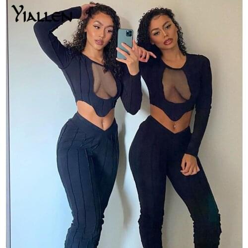 Yiallen Sexy See Through Patchwork Tops Leggings 2Two Piece Sets Women Autumn Winter Street T-shirts Pants Suits Female 2021