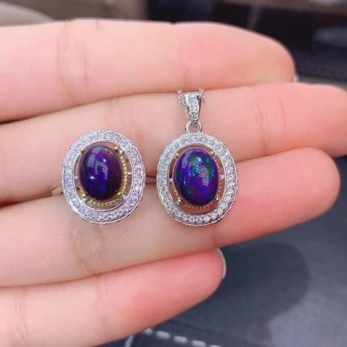 Natural and Real Black Opal jewelry set Natural Real Opal 925 sterling silver 1pc pendant,1pc ring