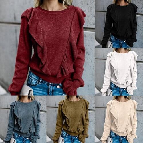 Wholesales Elegant Women Winter Ruffled Flare Sleeve O-Neck Sweater Solid Color Jumper