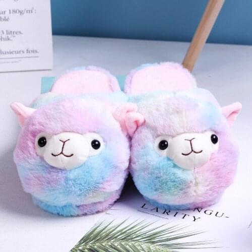 Cute Cartoon Alpaca Ladies Home Women Fur Slippers Winter Warm Plush Parent-child Floor Slides House Flat Bedroom Women Furry