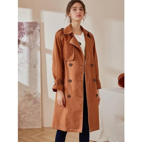 Temperament solid color British windbreaker womens new intellectual lace up waist closing medium and long coat