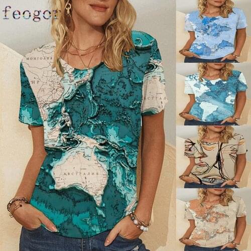 FEOGOR T-shirt women Summer casual womens pullover round neck personality printing sports short-sleeved T-shirt top Loose top