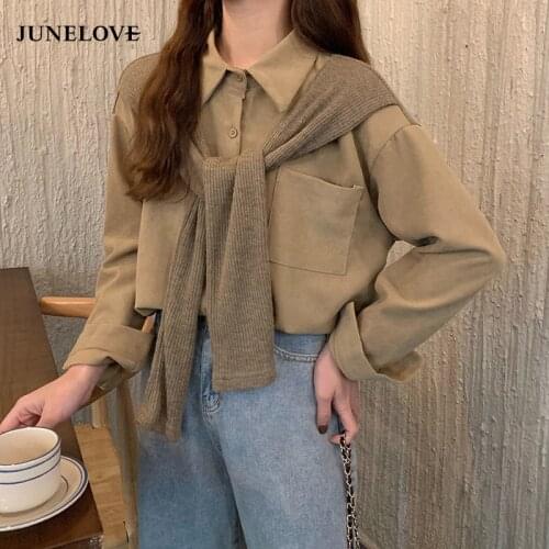 JuneLove 2021 Women Autumn Solid Pocket Blouse Female Elegant With Shawl Lady Single Breasted Shirts Top Casual Streetwear Shirt