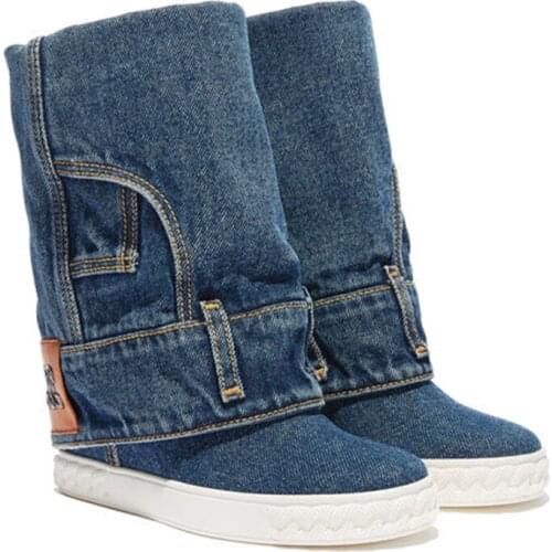 New Designer Denim Cloth Inner Wedge Heel Boots Women Height increased Spring Slip on Round Toe Jean Mid-Calf Boots