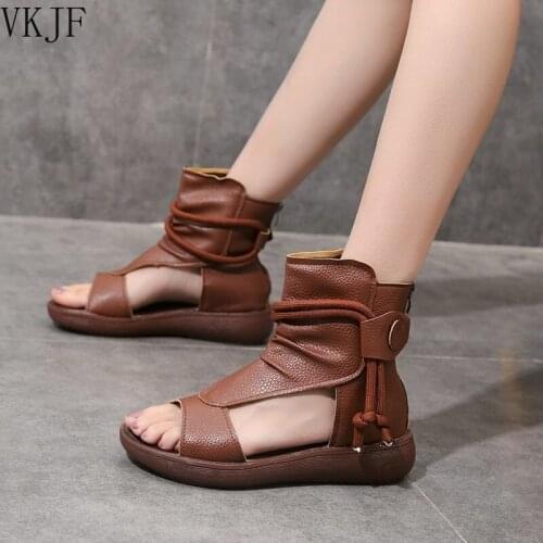 Women Summer Sandals Mid Heels Wedges Shoes Ladies Vintage PU Leather Plus Size Sandalias Mujer Sapato Feminino 2021