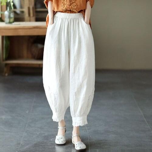 Johnature Women Vintage Linen Pants Lace Elastic Waist Solid Color Loose Casual Trousers 2021 Autumn New Comfortable Pants