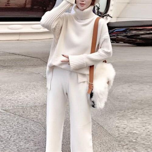 Sweater set Knitwear Wide Leg Pants Set New Style Fashion Solid Color Turtleneck Sweater Loose Wide Leg Pants Two Piece Women