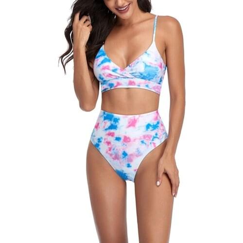 Womens Sexy Bikini 2-Piece High-Waist Tie-Dye Printed Vest Split Swimsuit Set