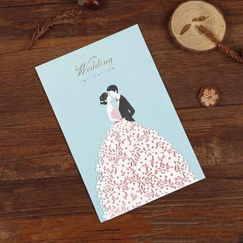 20 pieces/lot) Bride & Groom Teal Blue Wedding Day Invitation Laser Cut Flower Marriage Decor Invitations With Envelope IC112B